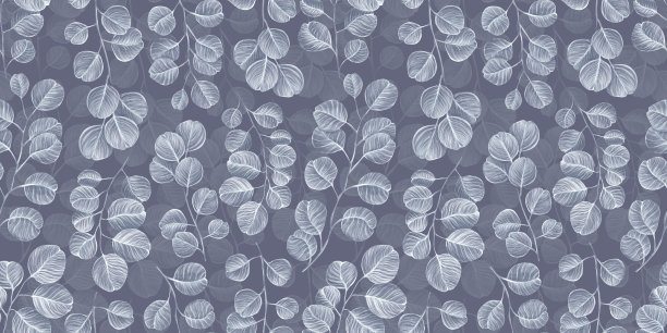 植物无缝模式与明亮的复古图形银美元桉树叶子在紫罗兰的背景。图片下载