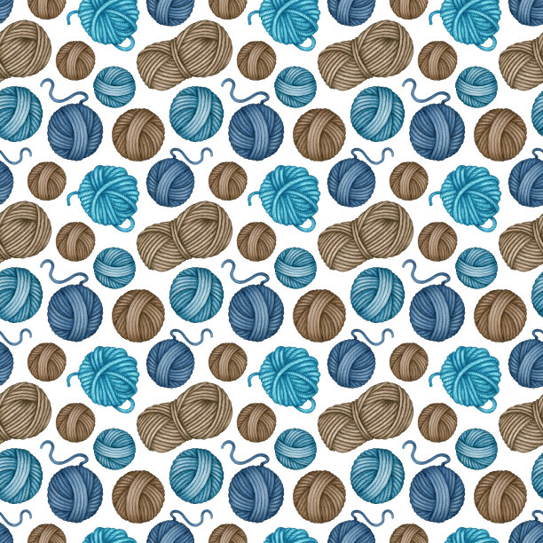 水彩纱绞无缝图案。色彩鲜艳的绿松石蓝棕色羊毛线球。编织、钩针的爱好。手绘背景设计图片下载