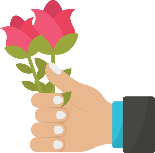 手握红玫瑰概念矢量颜色图标设计，爱和浪漫的象征在白色的背景，情人节标志，图片下载