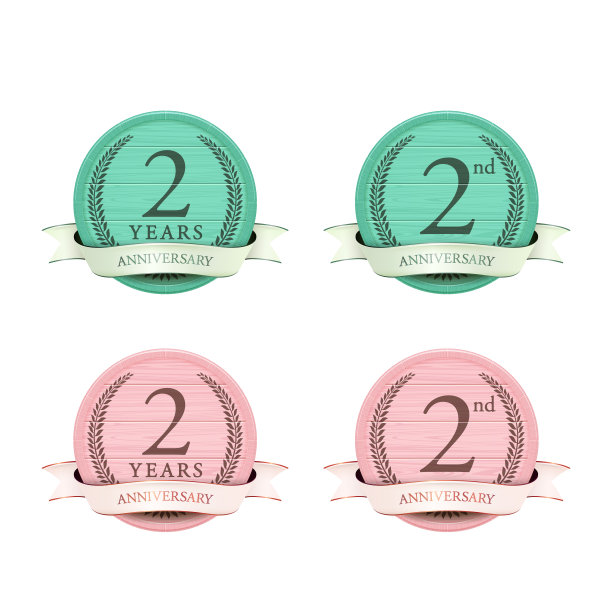 一套绿松石和粉红色木圈框架与丝带。2周年纪念图标。图片下载