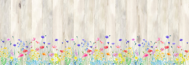 以木栅栏为背景的春天田野的水彩画插图。横幅背景。水平无缝模式。图片下载