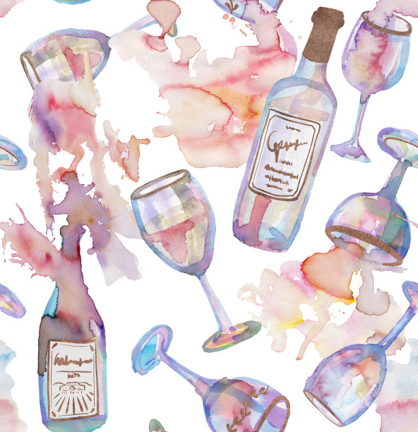 带玻璃杯的酒瓶。无缝模式与打翻的饮料图片下载