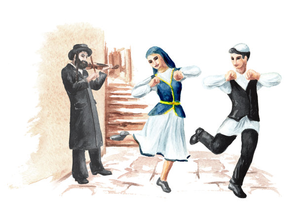 东正教犹太人在老城街道演奏小提琴，年轻的穿着民族服装的犹太人跳着传统民间舞蹈，手绘水彩插画，白色背景图片下载
