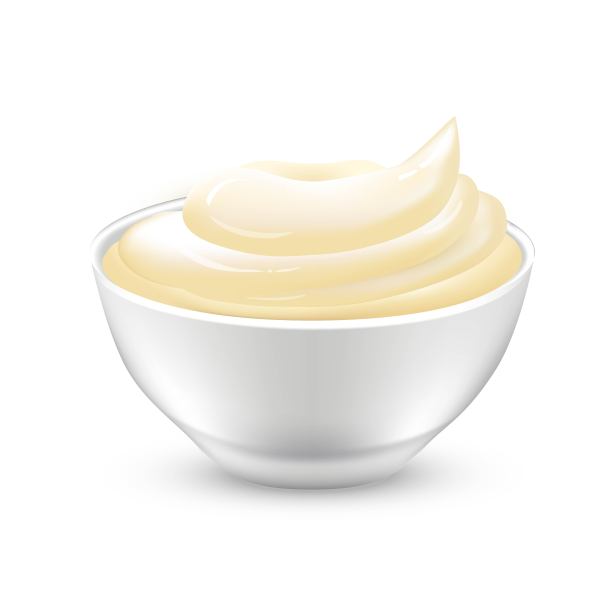 蛋黄酱在碗里。圆盘子与蛋黄酱矢量插图。部分美食调味料分离在白色背景上。美味的奶油调味食品设计图片下载