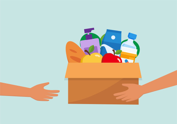 慈善捐赠箱配食物，人道主义支持矢量插画设计图片下载