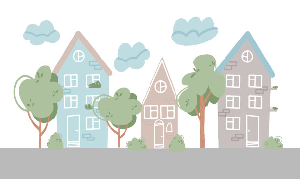 舒适的房子和植物。平面卡通风格的城市建筑。插图设计模板孤立的白色背景。图片下载