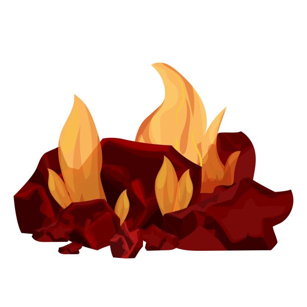 白色背景上燃烧着的煤堆。详细的，明亮的篝火卡通风格，剪纸或设计元素。烧烤，给厨师用的烤架火。图片下载