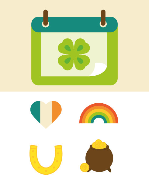 圣帕特里克节快乐圣帕特里克节图标日历心彩虹坩埚马蹄铁平坦向量图片下载