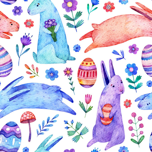 水彩无缝图案与复活节元素:复活节兔子，蛋，树枝，树叶，花。手绘插图孤立在白色背景。图片下载