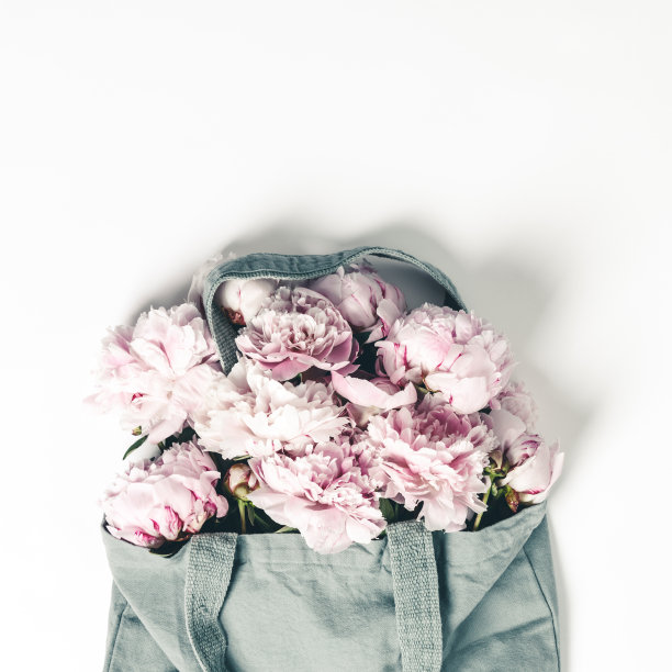 蓝色棉布生态手提袋牡丹花在白色的背景，平lay图片下载
