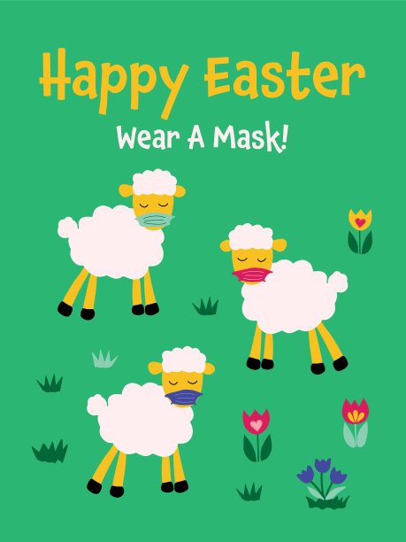 2019冠状病毒病和社交距离复活节信息图，可爱的绵羊戴着防护面具。复活节快乐搞笑贺卡矢量模板。动物节日卡通人物。冠状病毒设计图片下载