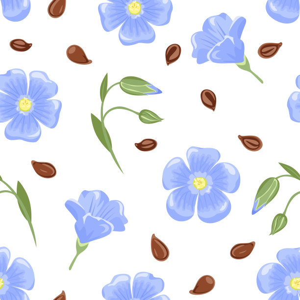 蓝色亚麻花和种子无缝图案。花卉植物的背景。矢量植物插图在卡通平面风格。图片下载