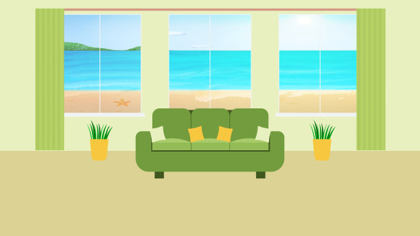 客厅的内部，可以看到海滩。平的风格。家庭插图与沙发与枕头，窗户的自然，盆栽盆栽。绿色柔和的颜色。股票矢量插图。图片下载