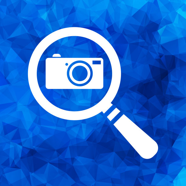 平面搜索图标与照片相机在一个蓝色三角形多边形图片下载