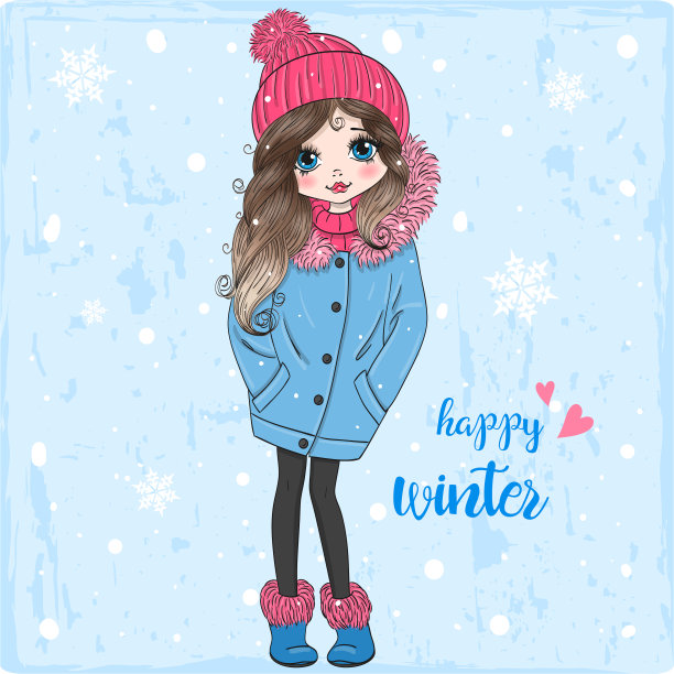 手绘漂亮可爱的小冬姑娘，背景上写着“冬天快乐”。图片下载