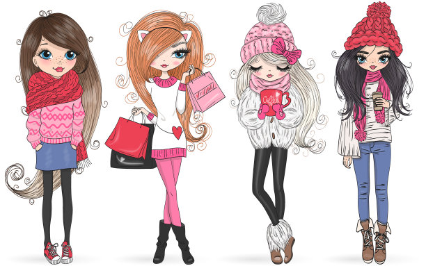 四手画漂亮可爱的冬姑娘。图片下载