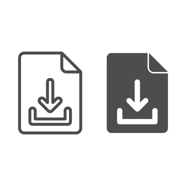 下载文件行和固体图标，在线教育概念，白色背景上带箭头向下标志的文本文件，下载文件图标的轮廓风格的移动和web。矢量图形。图片下载