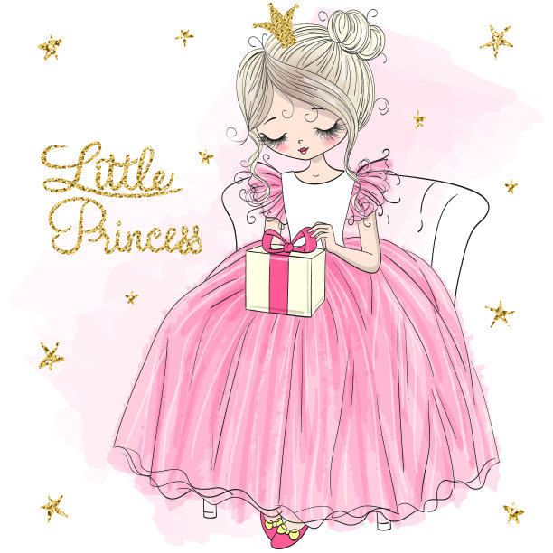 手绘漂亮可爱的小公主带着皇冠和礼物。图片下载