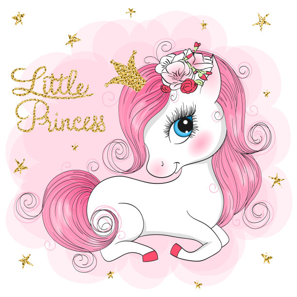 图案用手绘的漂亮可爱的小独角兽公主女孩。图片下载