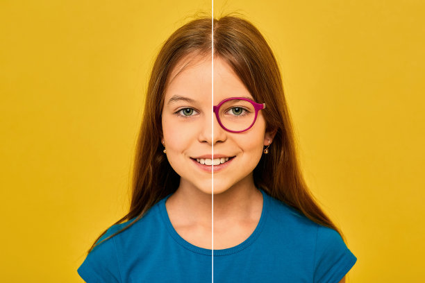 白种女孩的脸，切成两半呈现前后检查视力。孩子的脸不戴眼镜和眼镜在黄色的背景图片下载