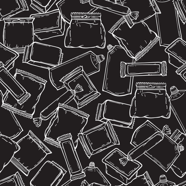 食品包装。塑料包装矢量无缝图案。重复的背景与手绘塑料包装的货物图片下载