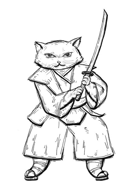 猫拿着武士刀，穿着日本和服和凉鞋。图片下载