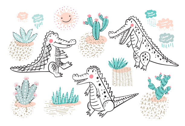 可爱的鳄鱼向量集。鳄鱼和仙人掌。卡通野生动物收藏图片下载
