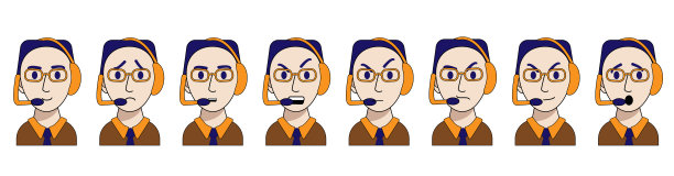 一个年轻的呼叫中心接线员的情绪被孤立在白色的背景下。矢量插图卡通风格。喜悦，狡诈，愤怒，愤怒，悲伤，惊讶，轻蔑，平静。帮助的雇员图片下载