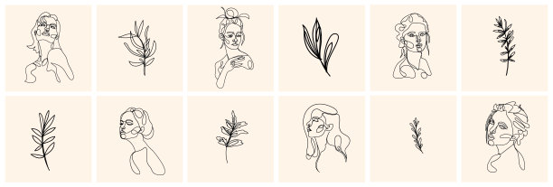 一条线的女人肖像和树叶在当代抽象风格。矢量手绘插图。图片下载