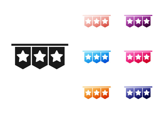 黑色狂欢节花环与旗帜图标孤立在白色背景。宴会用三角旗庆祝生日，节日装饰。设置图标丰富多彩。向量图片下载