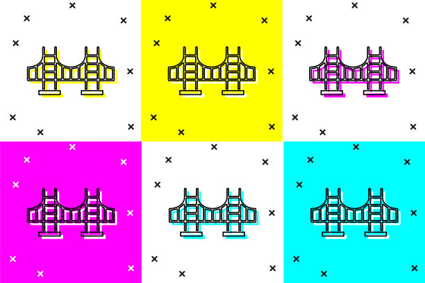 设置金门大桥图标孤立的颜色背景。美国加州旧金山。向量图片下载