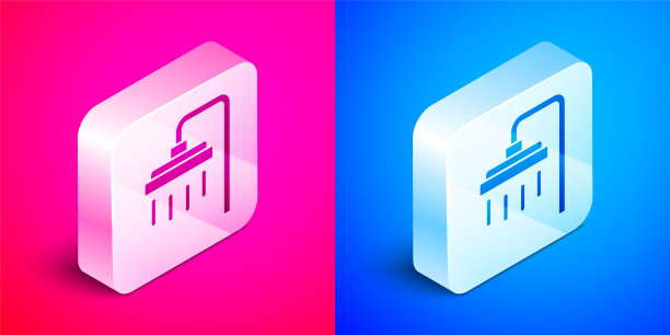 在粉红色和蓝色的背景上有水流图标的等距淋浴喷头。银广场按钮。向量图片下载