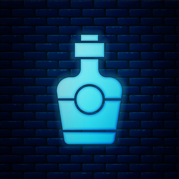 发光的霓虹灯龙舌兰酒瓶图标孤立在砖墙背景上。墨西哥的含酒精的饮料。向量图片下载