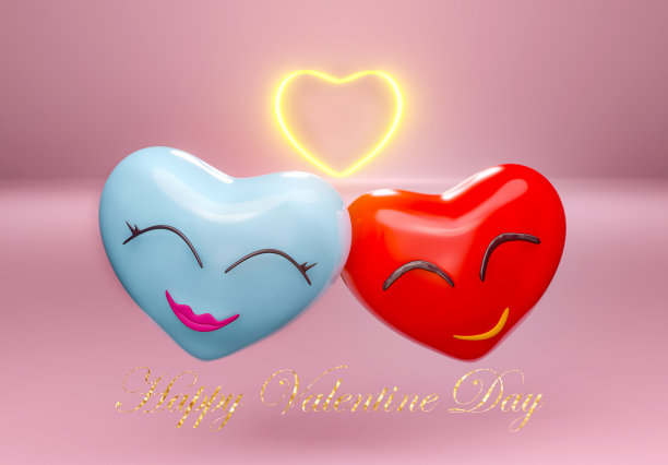 节日贺卡的情人节背景与3d渲染的蓝色和红色的心微笑。3 d演示。图片下载