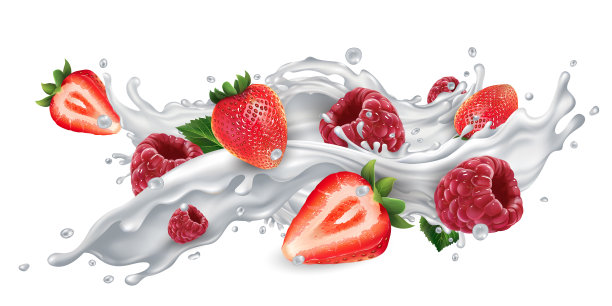 将草莓和覆盆子放入牛奶或酸奶中。图片下载