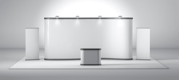 白色创意展台设计。布斯模板。三维渲染图片下载