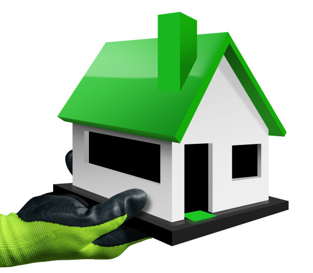 手持工作手套的手拿着一个小房子模型图片下载