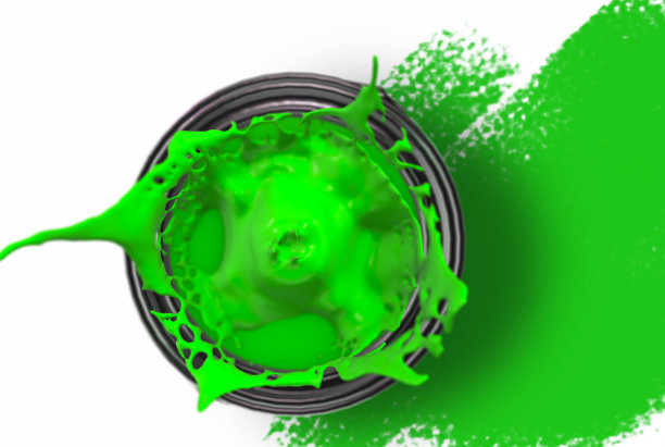 俯视一个绿色的喷溅涂料3d渲染罐图片下载