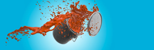 橙色油漆飞出一个齿在一个蓝色的背景3d渲染图片下载