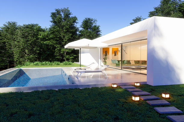 豪华现代住宅外观，配有游泳池、躺椅和树木。图片下载