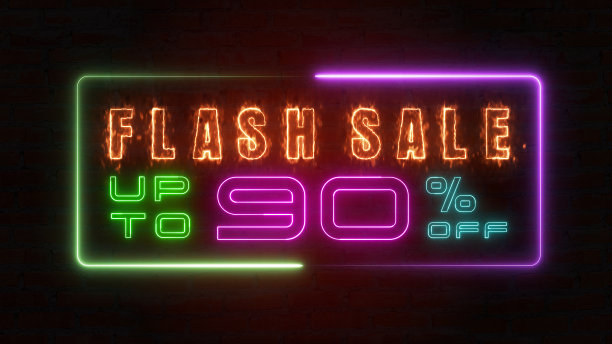 闪烁的销售高达百分之一的彩色霓虹灯标志横幅在黑色的背景。概念推广品牌系列销售10% ~ 90%图片下载