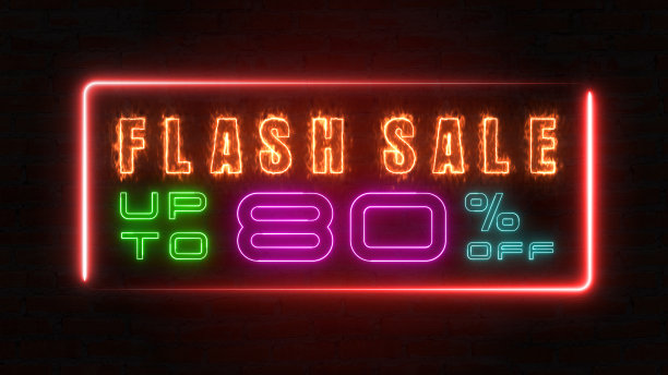 闪烁的销售高达百分之一的彩色霓虹灯标志横幅在黑色的背景。概念推广品牌系列销售10% ~ 90%图片下载