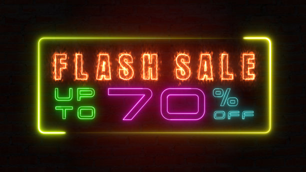 闪烁的销售高达百分之一的彩色霓虹灯标志横幅在黑色的背景。概念推广品牌系列销售10% ~ 90%图片下载