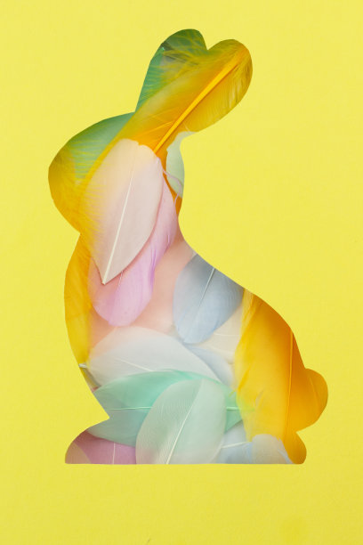 复活节快乐贺卡时尚的颜色。黄色和灰色是2021年的颜色。用纸剪出了一只兔子的剪影。背景彩色羽毛在柔和的颜色。图片下载