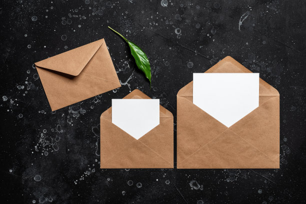 空白的白色卡片模型在棕色的信封和绿色的树叶。女人的文具。黑色石头垃圾背景。现代的模板。平的。图片下载