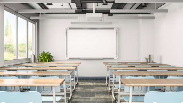 空教室或展示室内的课桌，椅子和白板，3d渲染图片下载