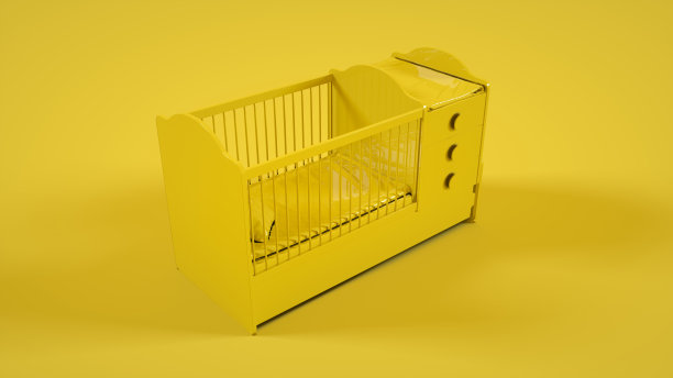 婴儿床孤立在黄色背景。三维演示图片下载