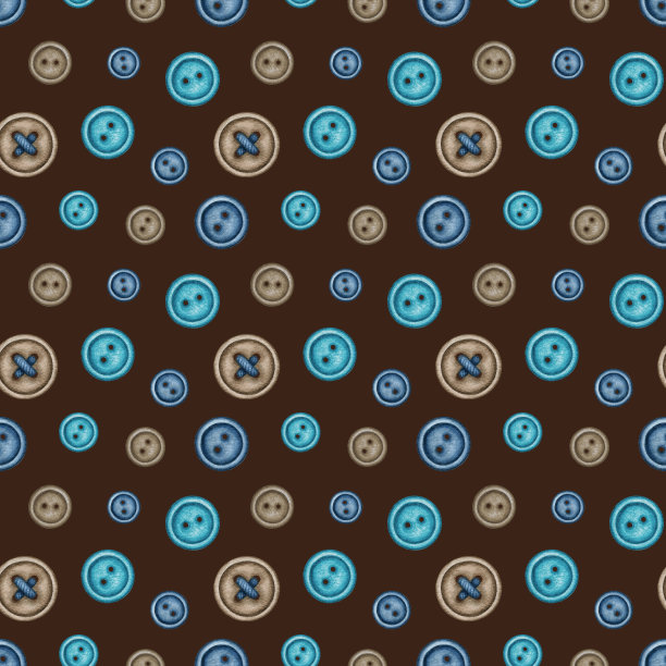 水彩各种颜色和大小按钮无缝图案。色彩鲜艳的绿松石蓝棕色缝纫用品。手绘背景图片下载