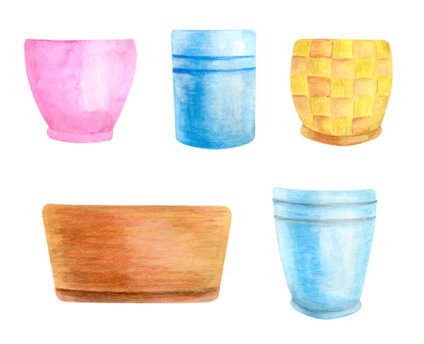 水彩画一套空花盆。手绘陶瓷和柳条花盆图片下载