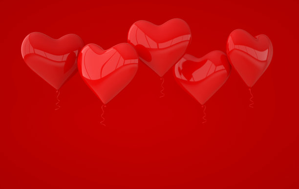 红色光泽闪亮的气球，心脏形状的粉背景与反射效果。情人节贺卡2月14日设计。爱情、婚礼、结婚庆典。三维渲染图片下载